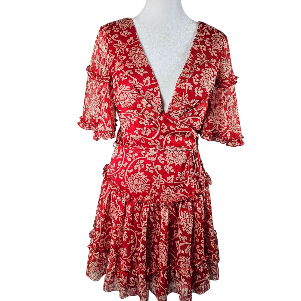 Saint + Secrets Red‎ Floral V-Neck Tiered Wrap Dress Sz S